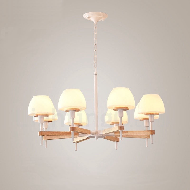 Lampadario a sospensione moderno nordico in legno multicolore, paralumi in vetro, 6 o 8 luci E14