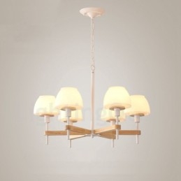Lampadario a sospensione moderno nordico in legno multicolore, paralumi in vetro, 6 o 8 luci E14