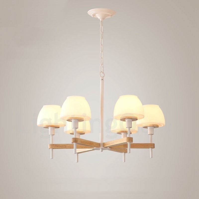 Lampadario a sospensione moderno nordico in legno multicolore, paralumi in vetro, 6 o 8 luci E14