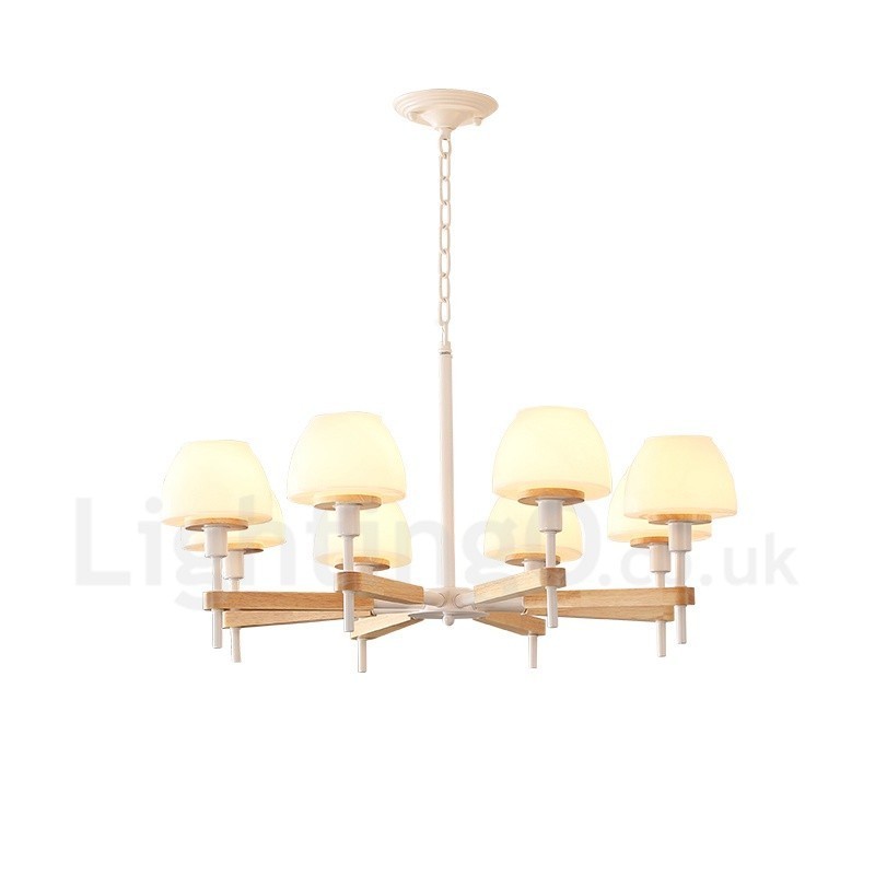 Lampadario a sospensione moderno nordico in legno multicolore, paralumi in vetro, 6 o 8 luci E14