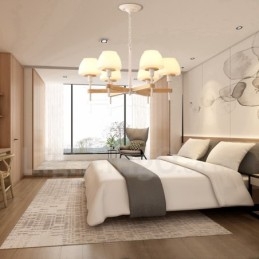 Lampadario a sospensione moderno nordico in legno multicolore, paralumi in vetro, 6 o 8 luci E14