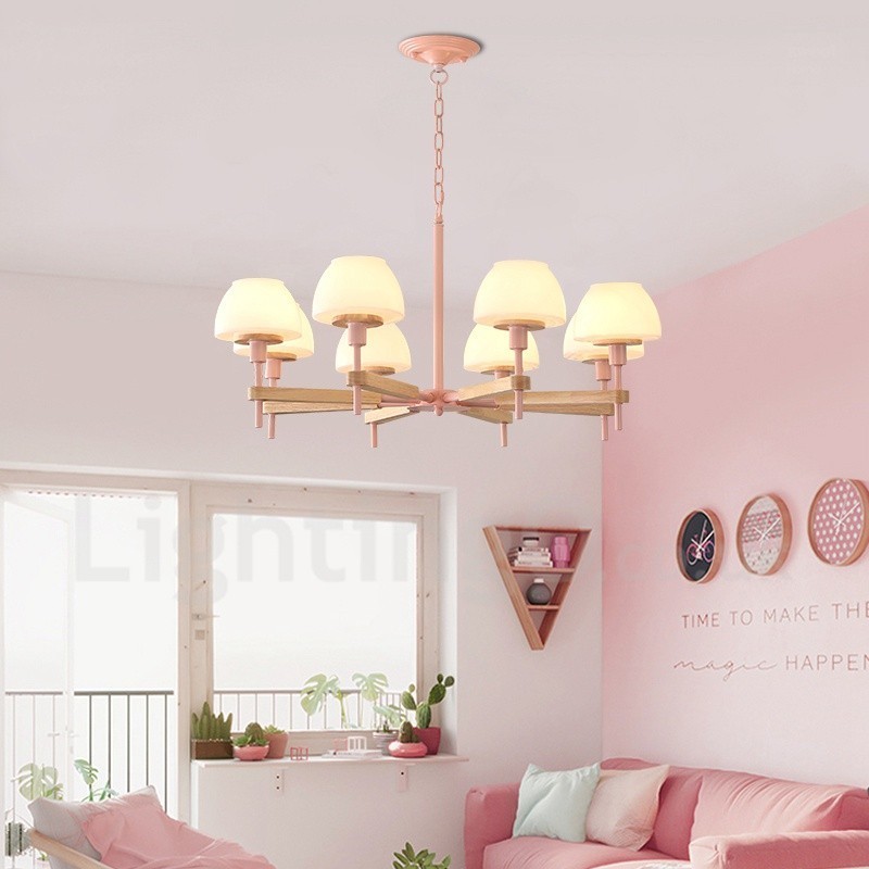 Lampadario a sospensione moderno nordico in legno multicolore, paralumi in vetro, 6 o 8 luci E14