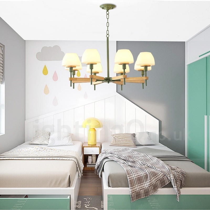 Lampadario a sospensione moderno nordico in legno multicolore, paralumi in vetro, 6 o 8 luci E14
