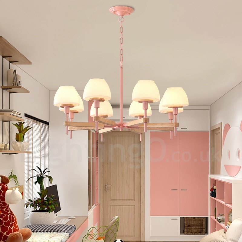 Lampadario a sospensione moderno nordico in legno multicolore, paralumi in vetro, 6 o 8 luci E14
