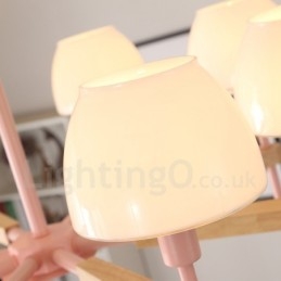 Lampadario a sospensione moderno nordico in legno multicolore, paralumi in vetro, 6 o 8 luci E14