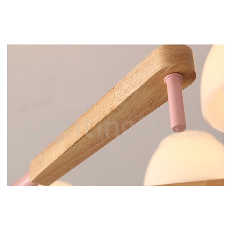 Lampadario a sospensione moderno nordico in legno multicolore, paralumi in vetro, 6 o 8 luci E14