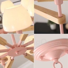 Lampadario a sospensione moderno nordico in legno multicolore, paralumi in vetro, 6 o 8 luci E14