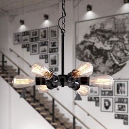 Lampada a sospensione rustica vintage nera a 6 luci