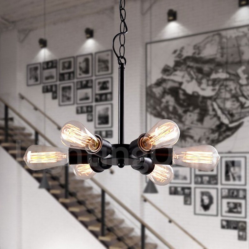 Lampada a sospensione rustica vintage nera a 6 luci