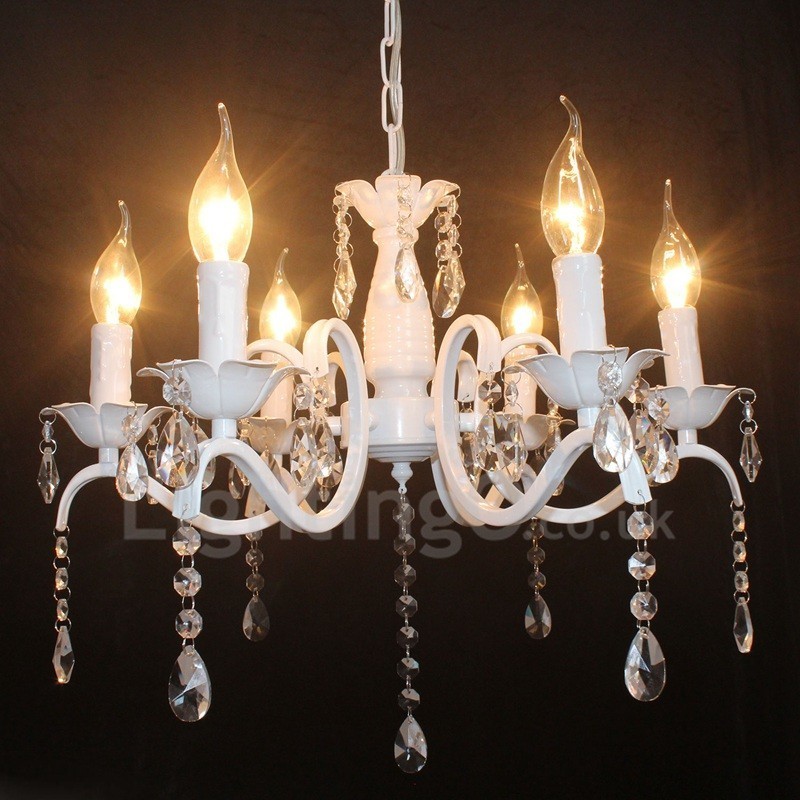 Lampadario a candela pendente bianco in cristallo 6 luci