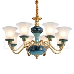 Lampadario a sospensione rustico retrò vintage in ottone e ceramica con paralumi in vetro