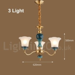 Lampadario a sospensione rustico retrò vintage in ottone e ceramica con paralumi in vetro