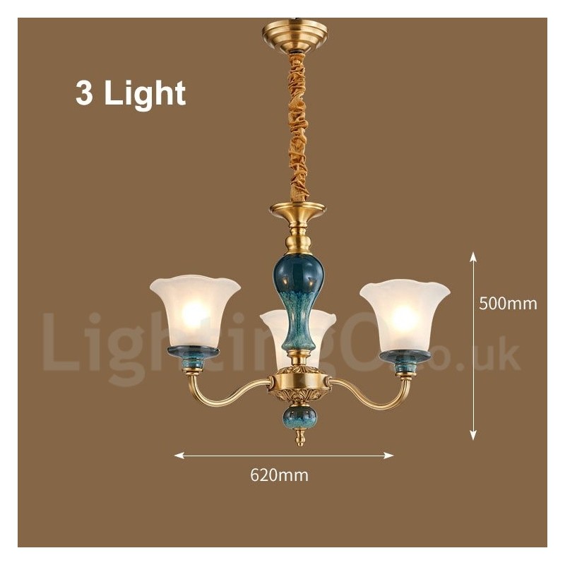 Lampadario a sospensione rustico retrò vintage in ottone e ceramica con paralumi in vetro
