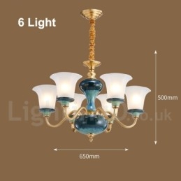 Lampadario a sospensione rustico retrò vintage in ottone e ceramica con paralumi in vetro