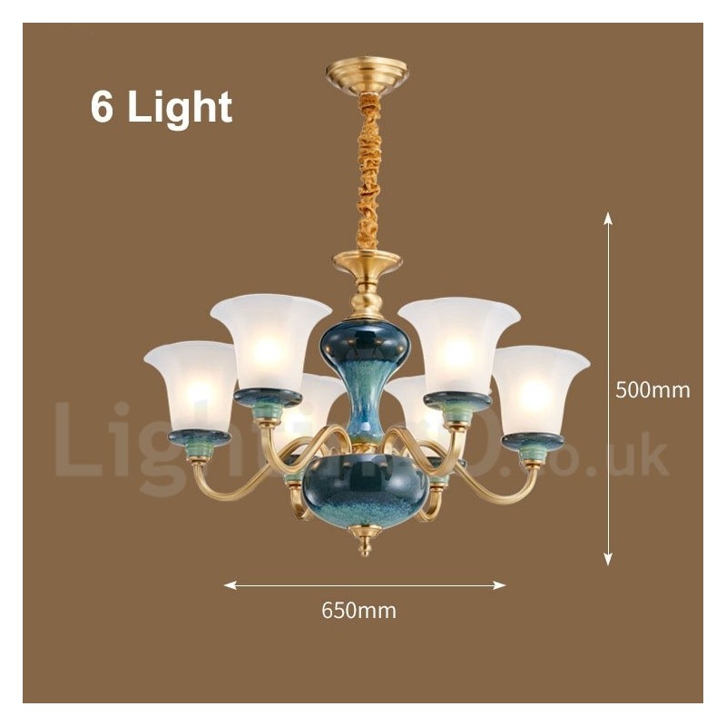 Lampadario a sospensione rustico retrò vintage in ottone e ceramica con paralumi in vetro