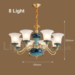 Lampadario a sospensione rustico retrò vintage in ottone e ceramica con paralumi in vetro