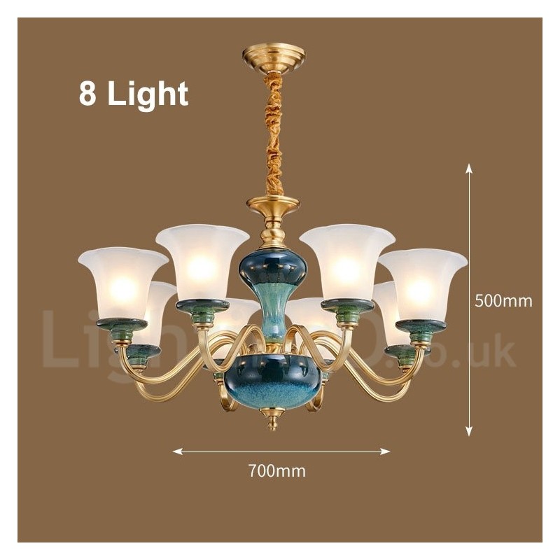 Lampadario a sospensione rustico retrò vintage in ottone e ceramica con paralumi in vetro