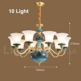 Lampadario a sospensione rustico retrò vintage in ottone e ceramica con paralumi in vetro