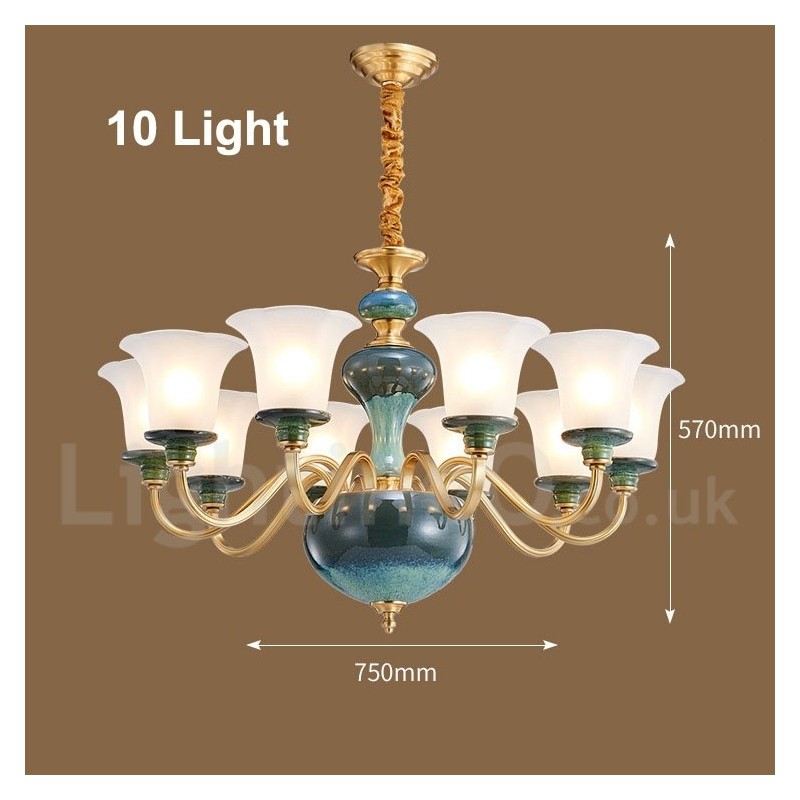 Lampadario a sospensione rustico retrò vintage in ottone e ceramica con paralumi in vetro
