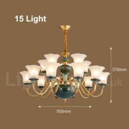 Lampadario a sospensione rustico retrò vintage in ottone e ceramica con paralumi in vetro