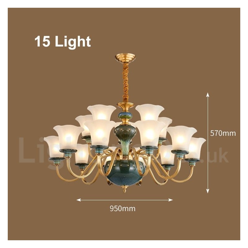 Lampadario a sospensione rustico retrò vintage in ottone e ceramica con paralumi in vetro