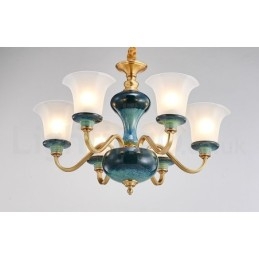 Lampadario a sospensione rustico retrò vintage in ottone e ceramica con paralumi in vetro
