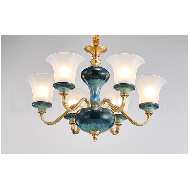Lampadario a sospensione rustico retrò vintage in ottone e ceramica con paralumi in vetro