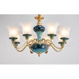 Lampadario a sospensione rustico retrò vintage in ottone e ceramica con paralumi in vetro