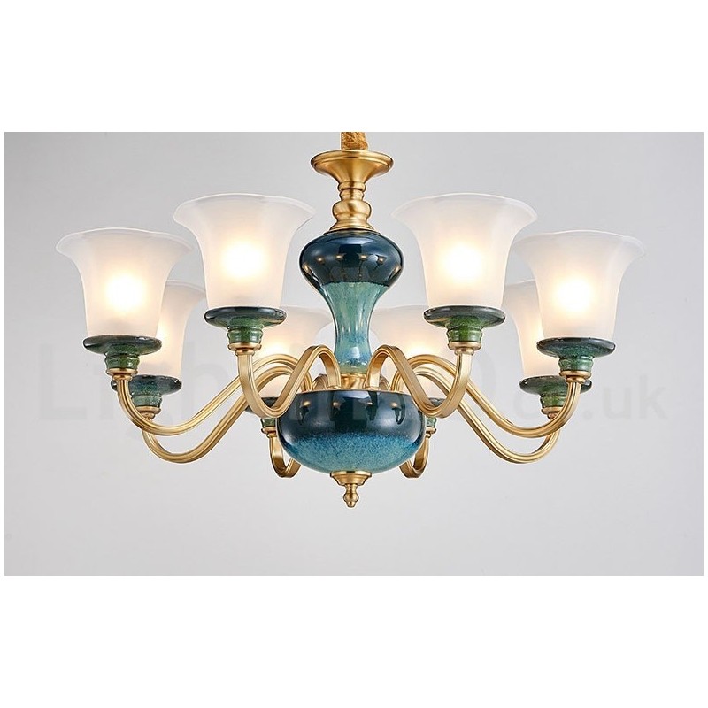 Lampadario a sospensione rustico retrò vintage in ottone e ceramica con paralumi in vetro