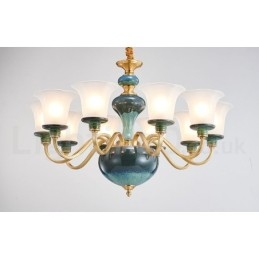 Lampadario a sospensione rustico retrò vintage in ottone e ceramica con paralumi in vetro