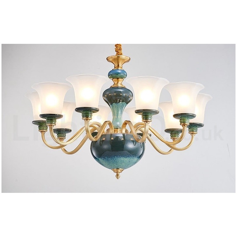 Lampadario a sospensione rustico retrò vintage in ottone e ceramica con paralumi in vetro