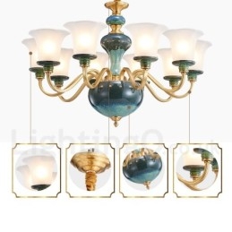 Lampadario a sospensione rustico retrò vintage in ottone e ceramica con paralumi in vetro