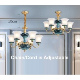 Lampadario a sospensione rustico retrò vintage in ottone e ceramica con paralumi in vetro
