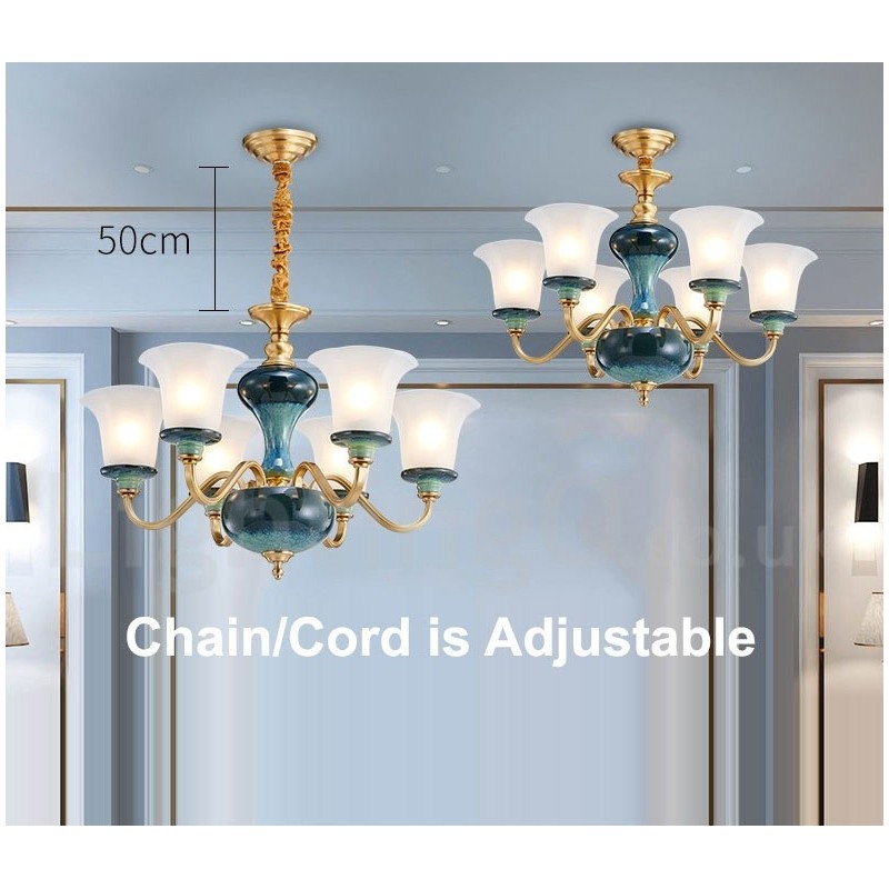 Lampadario a sospensione rustico retrò vintage in ottone e ceramica con paralumi in vetro