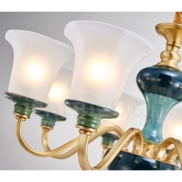 Lampadario a sospensione rustico retrò vintage in ottone e ceramica con paralumi in vetro