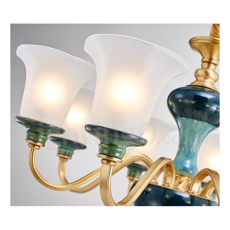 Lampadario a sospensione rustico retrò vintage in ottone e ceramica con paralumi in vetro