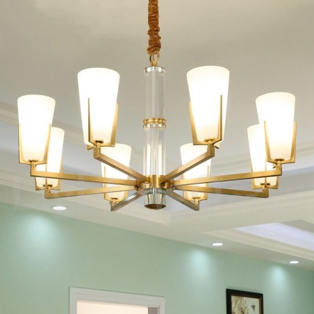 Lampadario sospeso in ottone e cristallo retrò vintage con paralumi in vetro