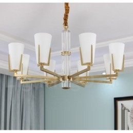 Lampadario sospeso in ottone e cristallo retrò vintage con paralumi in vetro