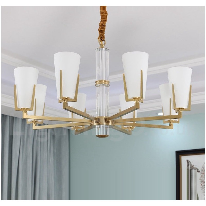 Lampadario sospeso in ottone e cristallo retrò vintage con paralumi in vetro