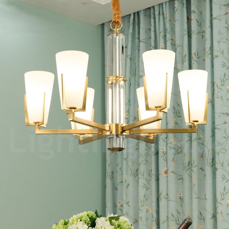 Lampadario sospeso in ottone e cristallo retrò vintage con paralumi in vetro