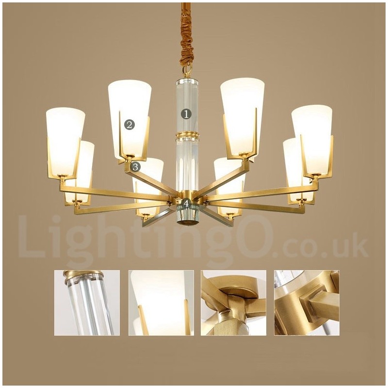 Lampadario sospeso in ottone e cristallo retrò vintage con paralumi in vetro