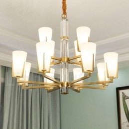 Lampadario sospeso in ottone e cristallo retrò vintage con paralumi in vetro