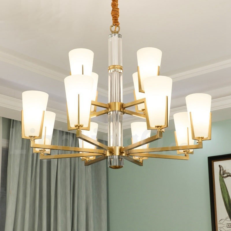 Lampadario sospeso in ottone e cristallo retrò vintage con paralumi in vetro