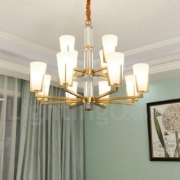 Lampadario sospeso in ottone e cristallo retrò vintage con paralumi in vetro