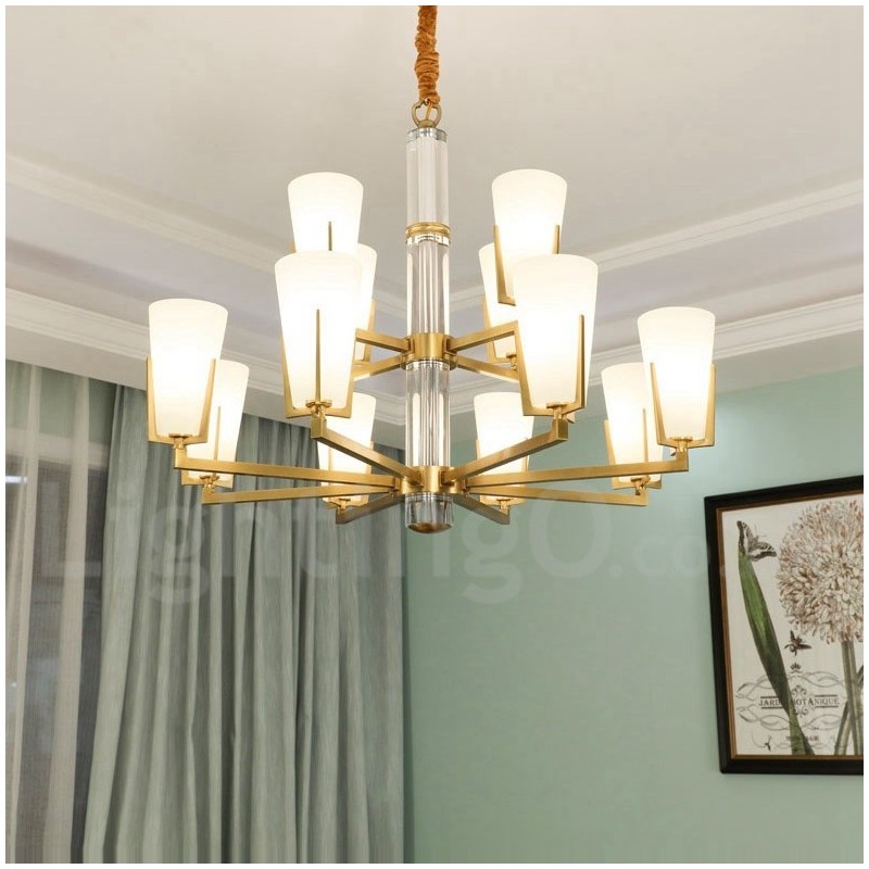 Lampadario sospeso in ottone e cristallo retrò vintage con paralumi in vetro