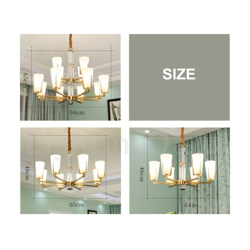 Lampadario sospeso in ottone e cristallo retrò vintage con paralumi in vetro