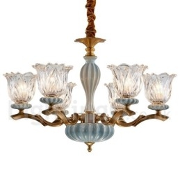 Lampadario a sospensione rustico retrò vintage in ottone e ceramica con paralumi in vetro