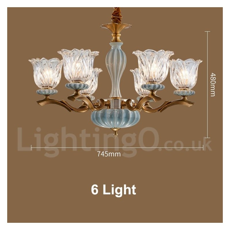 Lampadario a sospensione rustico retrò vintage in ottone e ceramica con paralumi in vetro