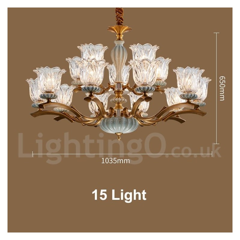 Lampadario a sospensione rustico retrò vintage in ottone e ceramica con paralumi in vetro