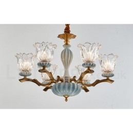 Lampadario a sospensione rustico retrò vintage in ottone e ceramica con paralumi in vetro